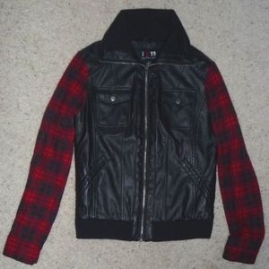 Boy Meets Girl Faux Leather Jacket w/ Plaid Red Sleeves, Size Small
